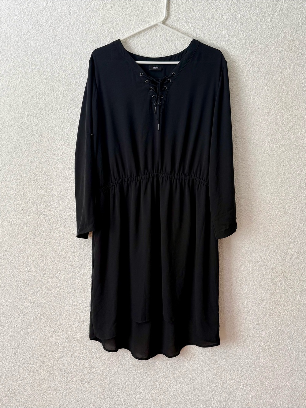 Mossimo XXL Black Lace-Up V-Neck Dress Cinch Waist Roll-Tab Long Sleeve High Low